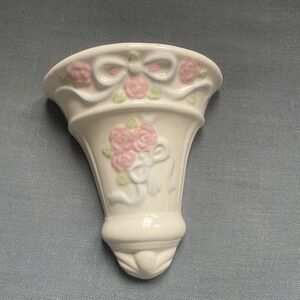 Vintage Wall Pocket Ceramic Off White Embossed Floral and Ribbons Desgin
